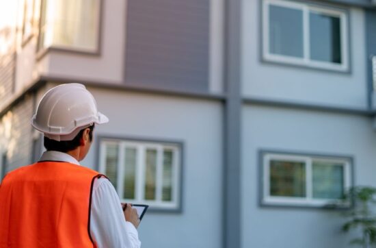 Home inspector looking at a house from the outside during a full home inspection in Broward County, Florida